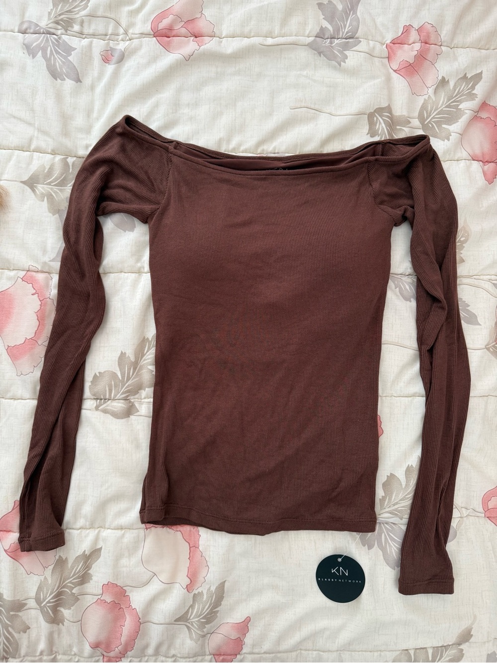 Off-Shoulder Long Sleeve Top in Chocolate Brown